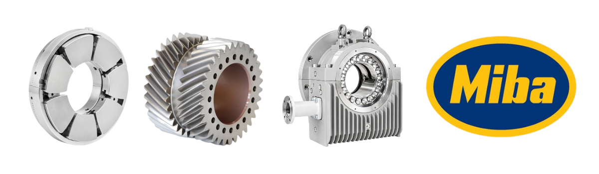 Miba tilting pad thrust bearing, helical planet gear with a bronze plain bearing bore, and a finned housed plain bearing unit, alongside the blue and yellow oval Miba logo